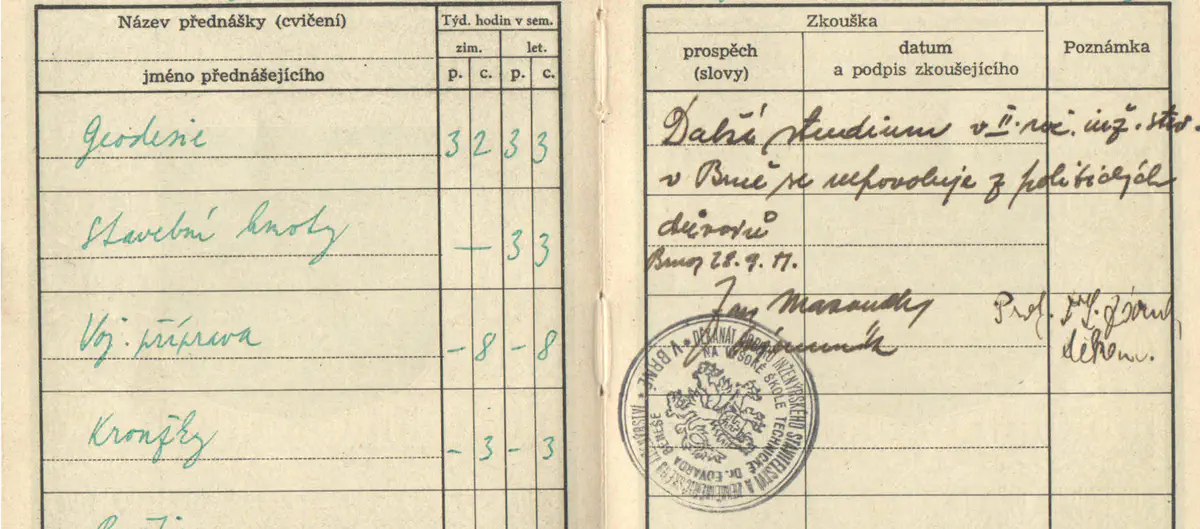 Indexová karta s poznámkou: Další studium se nepovoluje z politických důvodů.